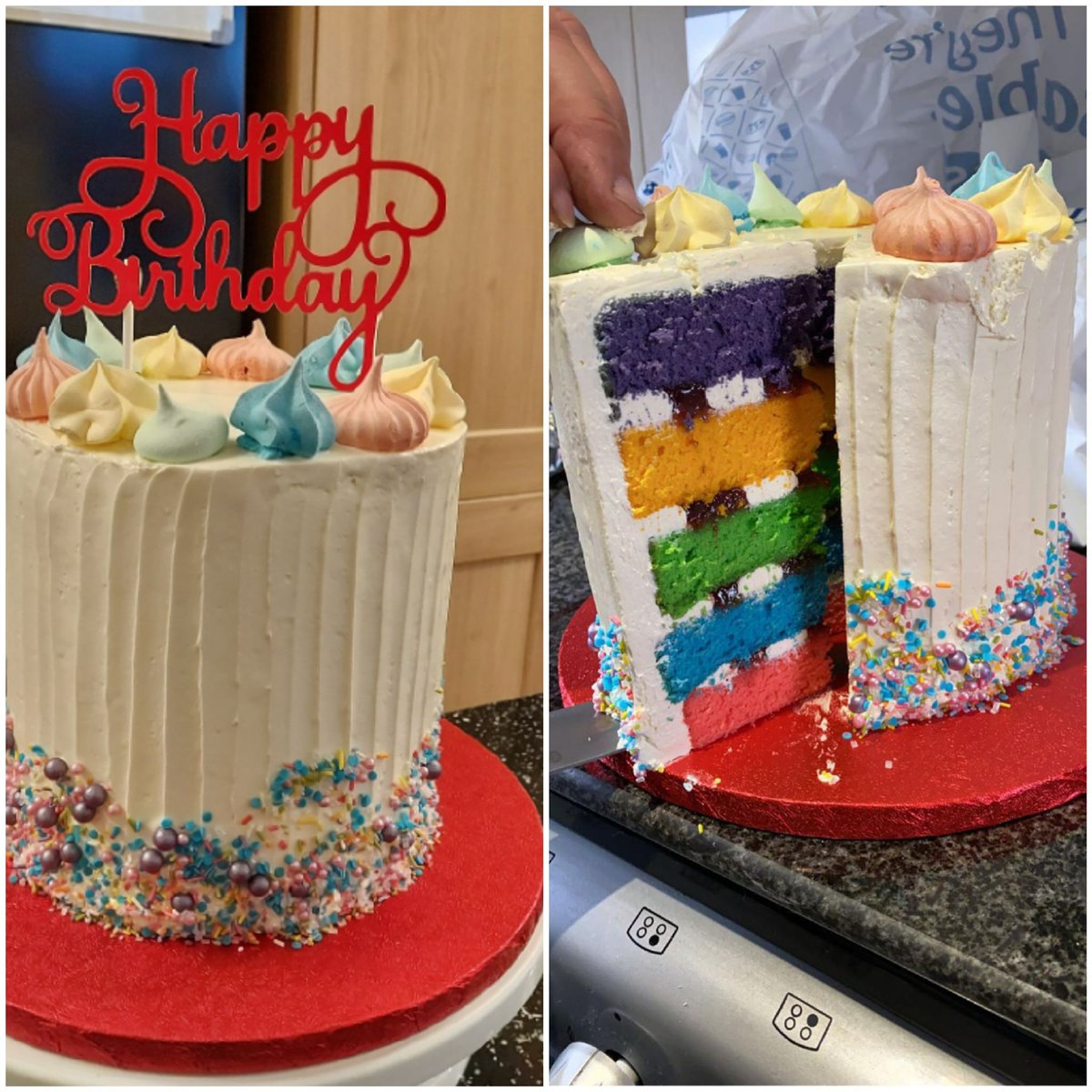 Very happy with this one.  Raspberry flavoured meringue buttercream &amp; jam. Multi coloured sponge layers topped with meringue kisses.