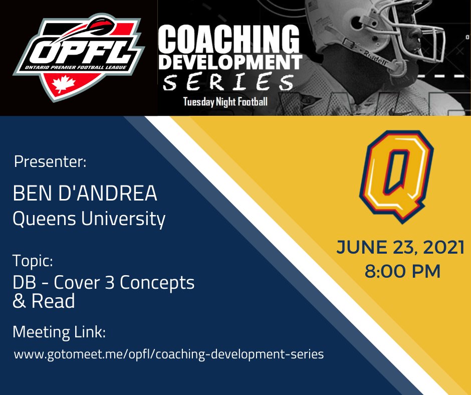 Join Coach D’Andrea from the Queen’s Golden Gaels this WEDNESDAY June 23rd at 8:00PM . You don’t want to miss this one! Sessions are FREE and open to ALL Coaches wanting to up their game. Meeting link: gotomeet.me/opfl/coaching-…