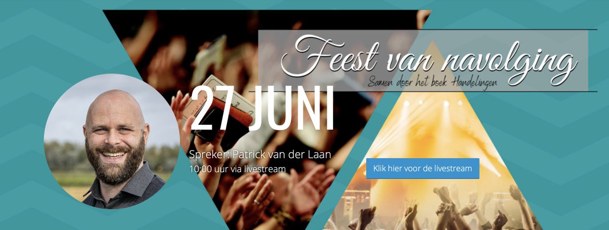 DeMeerkerk's tweet photo. Zondag 27 juni het 5e deel van de prekenserie Feest van navolging. Om 10 uur spreekt Patrick van der Laan via livestream. Voor meer informatie en plaatsen reserveren, kijk op: https://t.co/hUUJk48PTs https://t.co/h0qtu21EPN