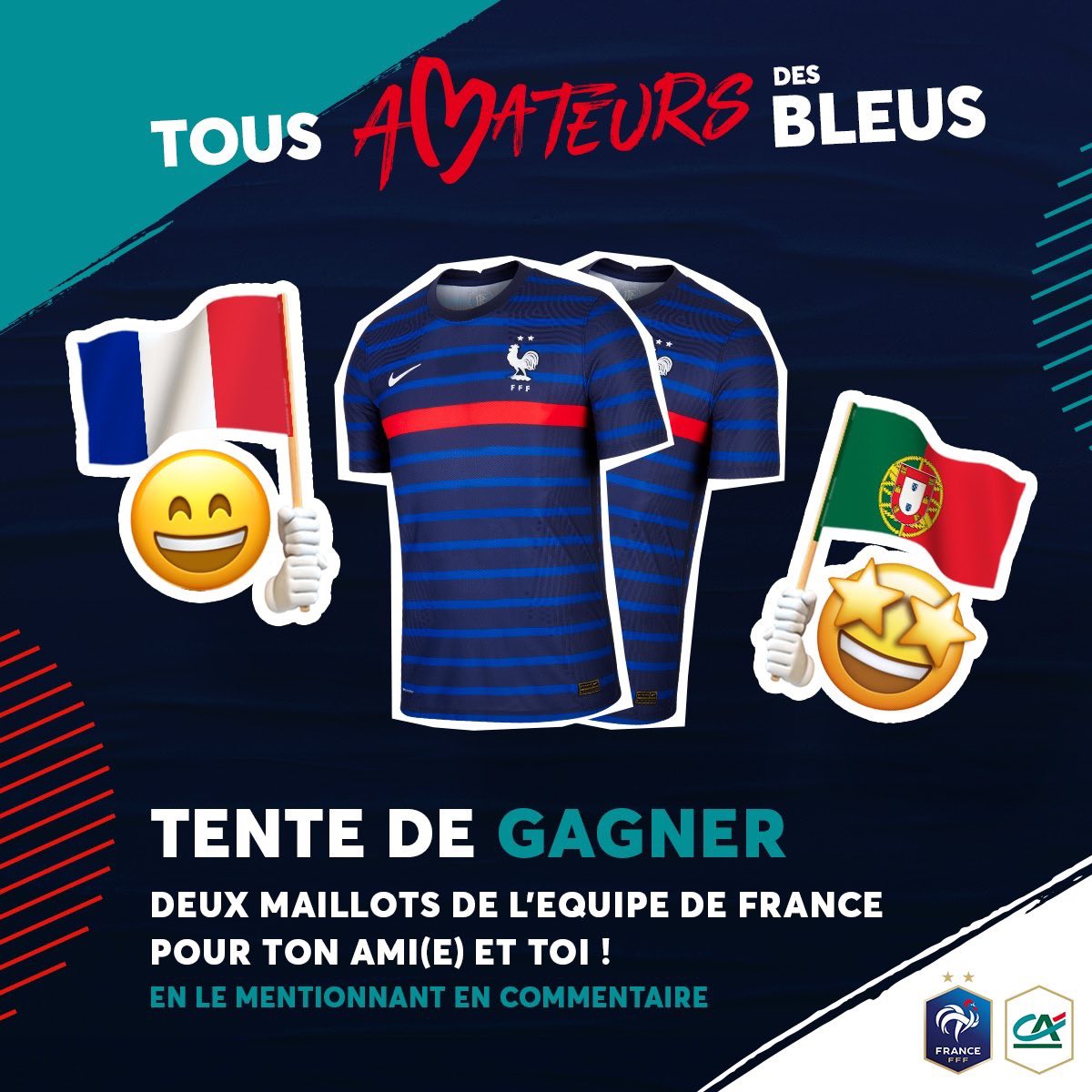 tousuncotefoot's tweet image. 🎁 JEU FRANCE 🇫🇷 🆚 🇵🇹 PORTUGAL
TENTE DE GAGNER DES MAILLOTS DE L’EQUIPE DE FRANCE 🇫🇷👕

🔁 RT + FOLLOW

👉 Mentionne le pote avec qui tu vas soutenir les Bleus face à la Hongrie et remportez chacun votre maillot

🔥 3 Binômes récompensés

#RéunisGrâceAuxBleus @CreditAgricole