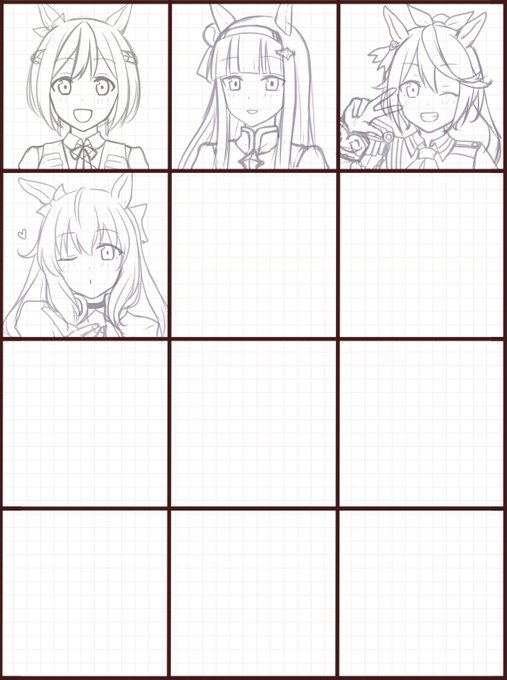 ウマ娘ちゃん達の顔だけ描いていけたらとか思ってたり(*`ω` *)公式ページの並び順に下描きをカリカリ…どこまで気力が持つかしら 