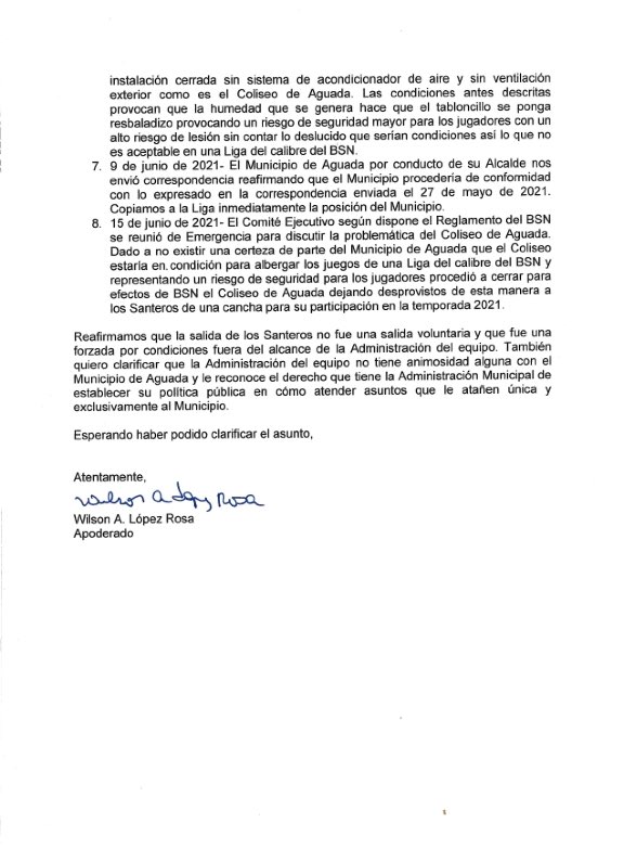 Declaraciones oficiales del apoderado de los Santeros de Aguada, el Ing. Wilson López Rosa