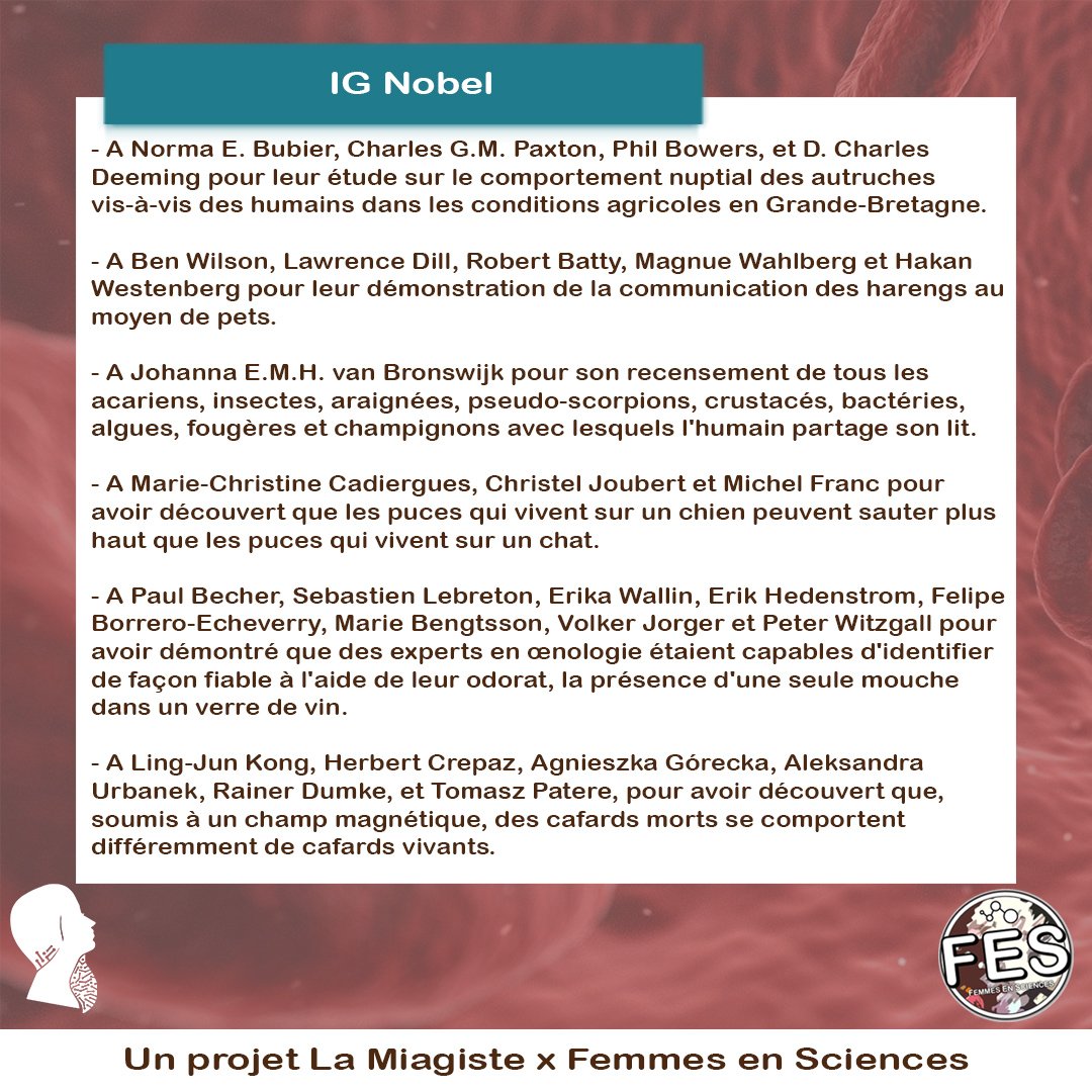 [Sciences : un domaine de femmes]
Biologie - Physiologie

Terminons cette semaine biologie/physiologie avec le prix IG Nobel de Biologie 🧫
<a href="/MIAGEConnection/">MIAGE Connection</a> <a href="/AFNEUS/">AFNEUS</a> <a href="/FES_AFNEUS/">Femmes En Sciences</a>