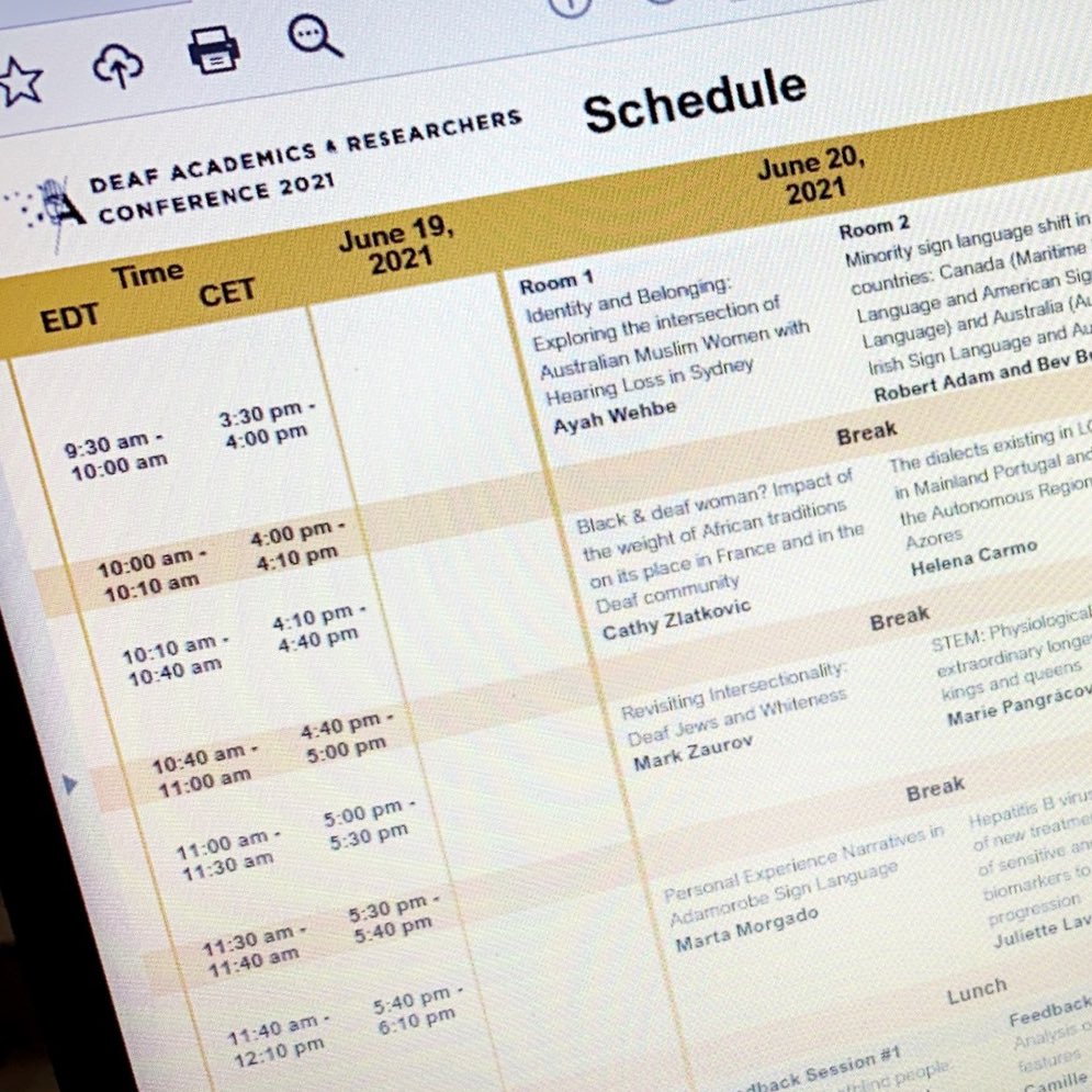 My first presentation in international sign language went well! 

Different from #auslan! 

It’s also my first time attending @dac_2021 and having a good time meeting other deaf/HOH academics, researchers and PhD students! 
#DAC2021