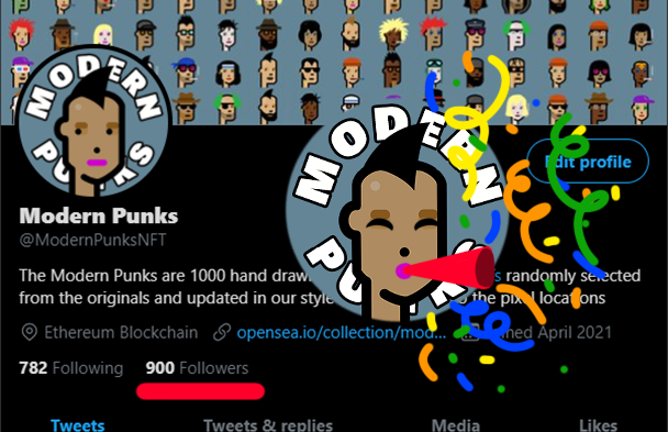 ModernPunksNFT's tweet photo. We hit 900 Followers! π±
Thank you so much! To all of you Punks π§· Apes 𦧠Aliens π½ Zombies π§ββοΈ Ghxsts π» Skeletons π Robots π€ Angels π Devils π and beautiful People! To those behind the avatar I salute you!
Much love from the #ModernPunks β€οΈ
#NFTartist #NFTCommunity #NFT https://t.co/yEYn1RCybq