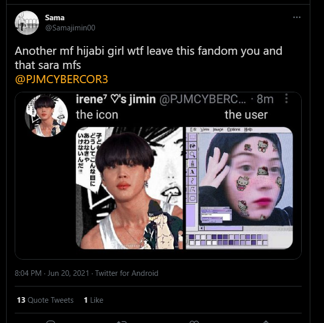 kthvtete_'s tweet photo. 🚨PLEASE DON'T SCROLL UP AND TAKE A LOOK🚨 
GO r3p0r/t @/Samajimin00⚠️
They have been doing this stuff against my fellow oomf.
Please guys just do some mass r3p0rt1ng as much as possible. They are spreading h8tred towards Hijabi Muslims. 
There are other victims too guys https://t.co/AdC0mmXzBw