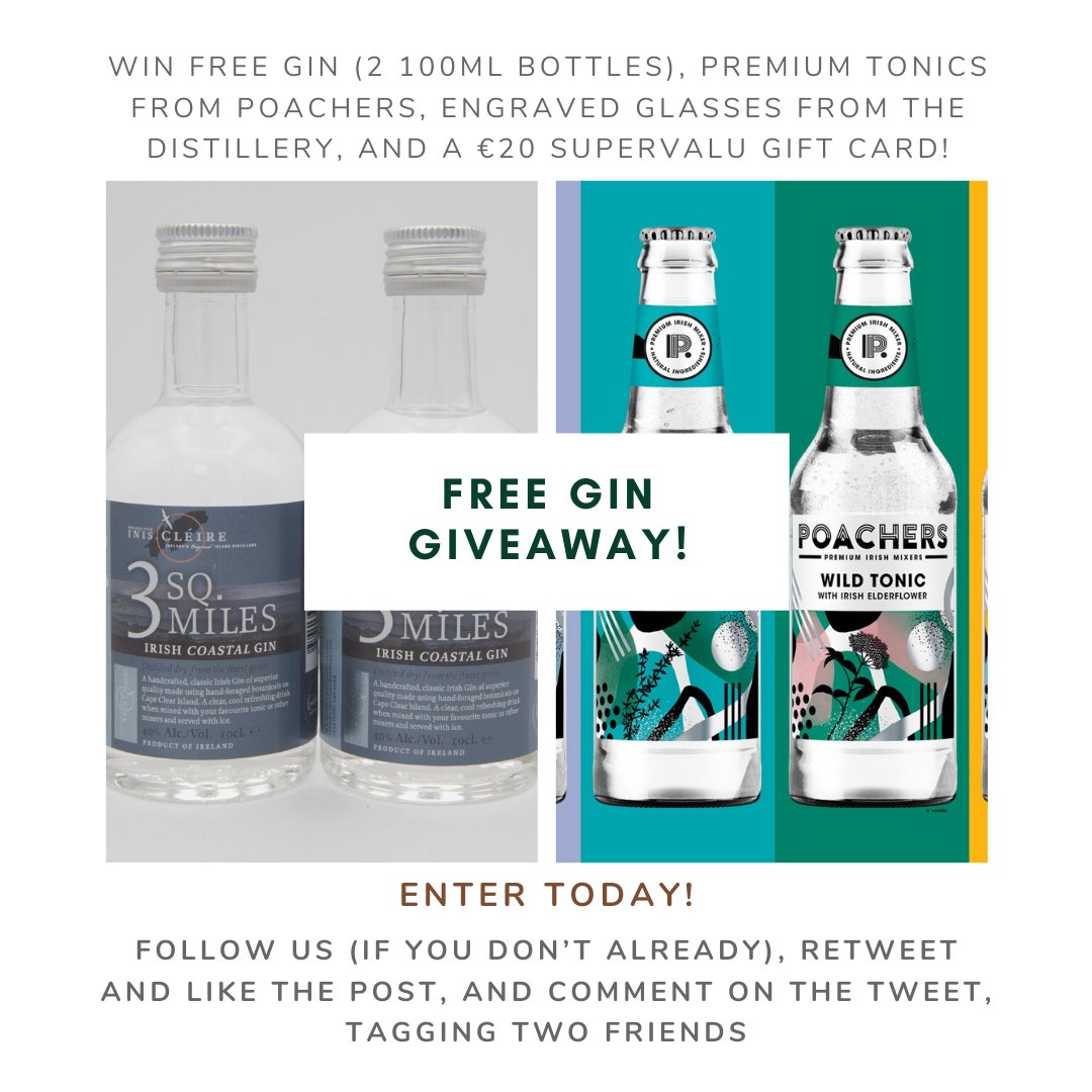 capedistillery's tweet photo. Dunmanway!  We're working with @SuperValuIRL &amp; @PoachersDrinks to give away some great prizes!  2 minis of 3 SQ. MILES gin, a selection of premium tonics, engraved glasses, and a €20 gift card to be redeemed at Healy's SuperValu in Dunmanway!  Enter here: https://t.co/yYeqwciWlu https://t.co/i4dWxwDHzO