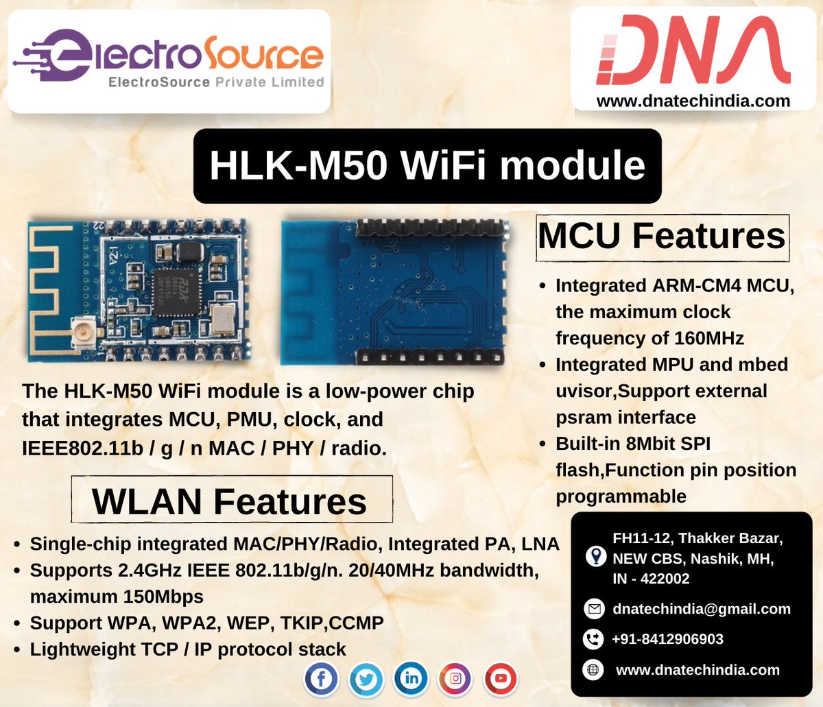 dnatechindia's tweet image. The HLK-M50 WiFi module is a low-power chip that integrates MCU, PMU, clock, and IEEE802.11b / g / n MAC / PHY / radio.
------------
#HLKM50 #wifimodule #lowpowerchip #mcu #pmu #ieee802point11b #covidinnovation #coronavirusindia #develop #projects #home #education