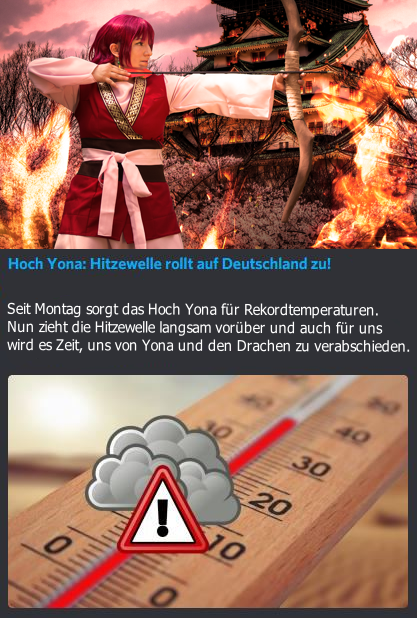 Die erste Hitzewelle des Jahres! Hoch Yona facht die Flammen an und lässt uns schwitzen.
Aber nächste Woche soll es zum Glück wieder kühler werden.
Freut ihr euch schon auf eine Meeresbrise?😉Vielleicht kann man bald wieder Urlaub machen!
Bis dahin trinkt genug und bleibt gesund!