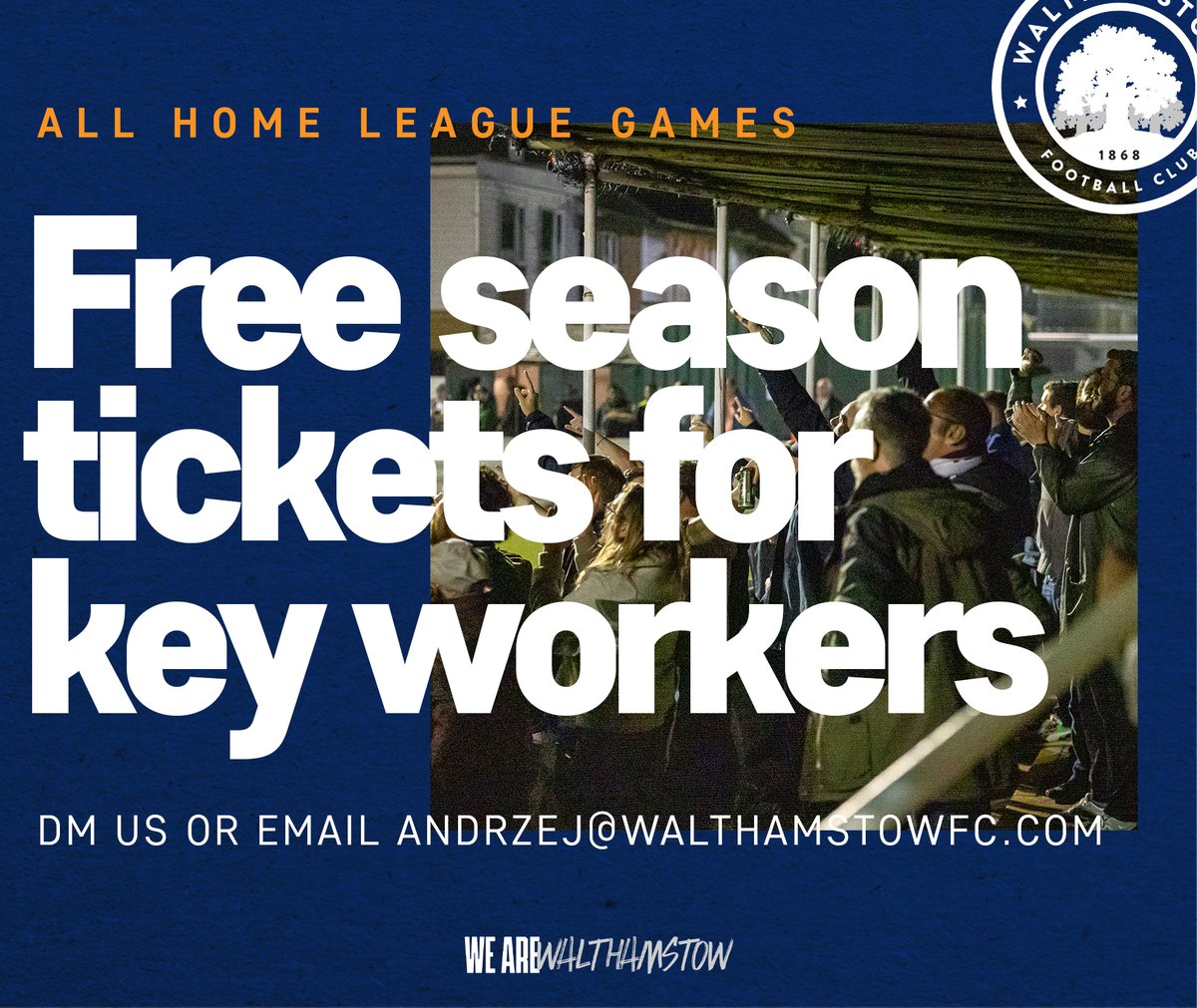 🔵 Free season tickets for key workers 🔵

We're offering free season tickets to all key workers to say thank you for everything they've contributed over the last 18 months.

Just DM us or email andrzej@walthamstowfc.com to get yours.