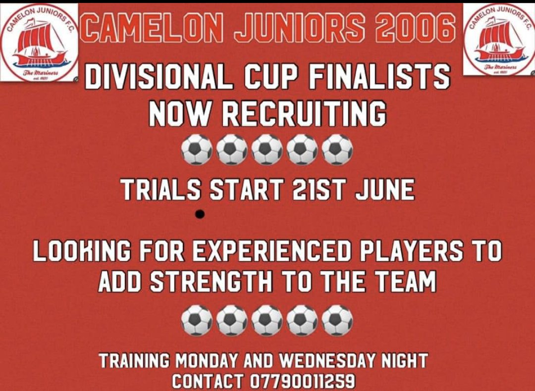 CamelonJnr06_07's tweet photo. We are currently looking to strengthen our squad if you or your child that's a 2006 would be interested in coming along please feel free to contact our page or number https://t.co/w52Q7YPQbz