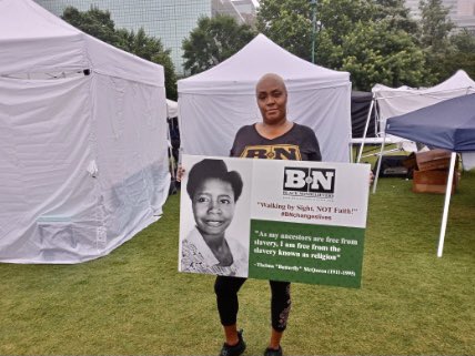 mandy0904's tweet photo. On this Juneteenth weekend, I honor my ancestors for their sacrifices and strength. But I DO NOT have to honor the faith traditions that were forced upon them, or any gods. 

We are continuing that liberation work! #sightNOTfaith https://t.co/wVl9SKPzN4