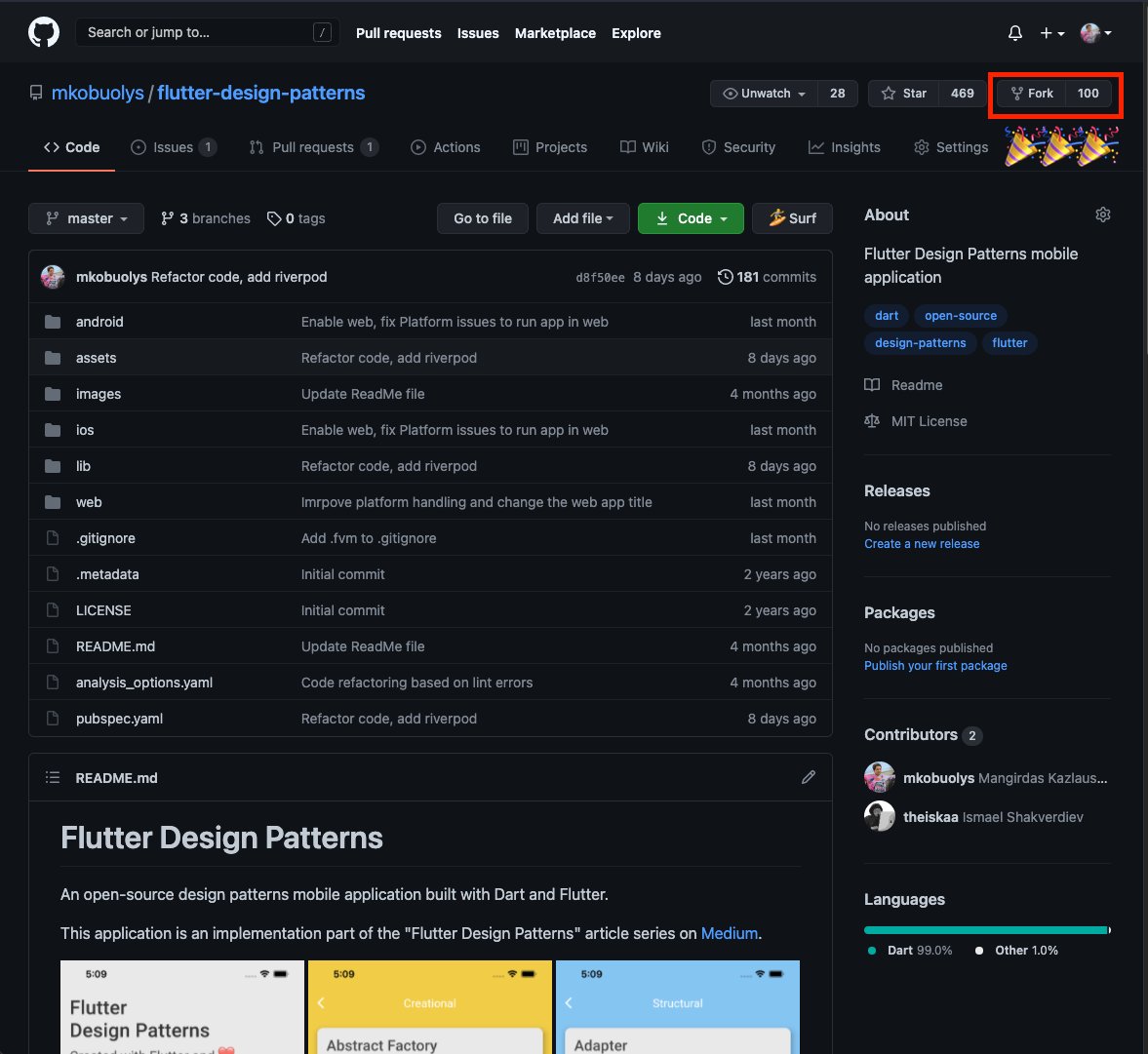 mkobuolys's tweet image. #Flutter Design Patterns reached 100 forks on @github!!!
I am extremely happy that such a technical/educational app with such awful self-made design is so popular😅 Thank you!
P.s. responsive design is still missing for this app, hmm... maybe an update is coming?
#flutterdev