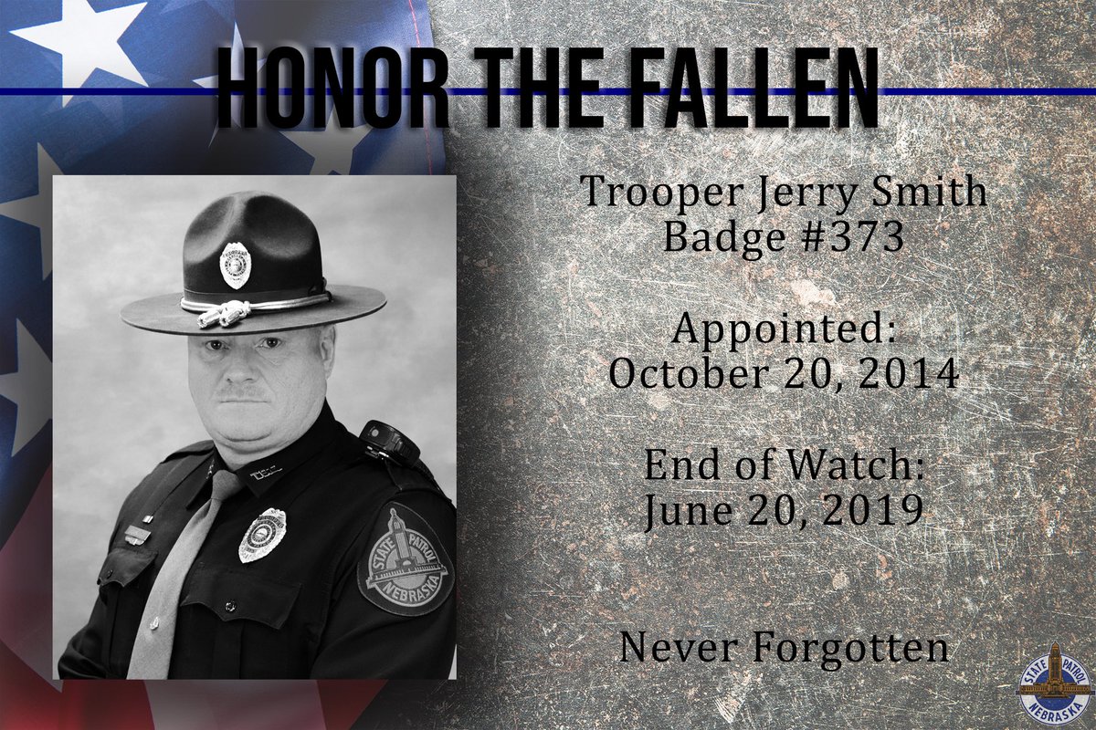 NEStatePatrol's tweet photo. Today, we pause to remember the life of service led by Trooper Jerry Smith #373 who we lost two years ago, on June 20, 2019.
May his example of selfless service continue to inspire all who had the honor of working with him. Our thoughts are with his family today.
#RIP373 https://t.co/Ze4rzvq0pA