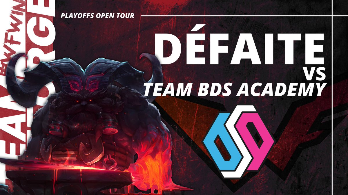 TeamWeForge's tweet image. 🏆 PLAY-OFFS #LoLOpenTour

❌ Défaite 🆚 @TeamBDS 

Prochain match contre @OmerixEsport  

📺 twitch.tv/teamweforge

#WFWIN #SportAngers #LaDalleAngevine