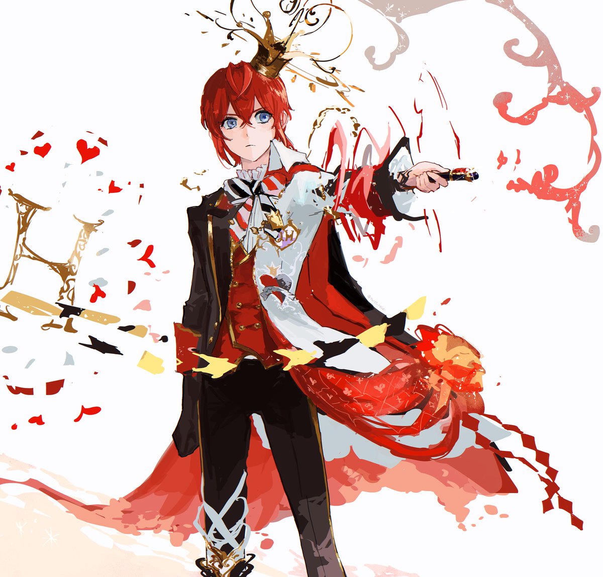 1boy crown red hair male focus solo blue eyes pants  illustration images