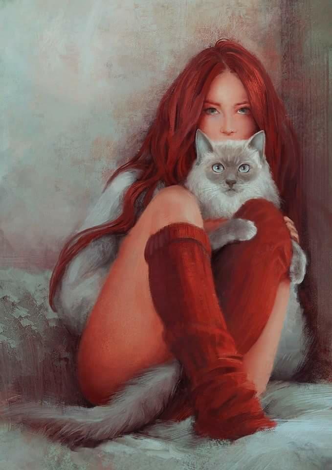 Картинка девушка с кошкой. Мэнди Юргенс (Mandy Jurgens). Девушка с котом. Девушка с рыжим котом. Рыжеволосая девушка картина.
