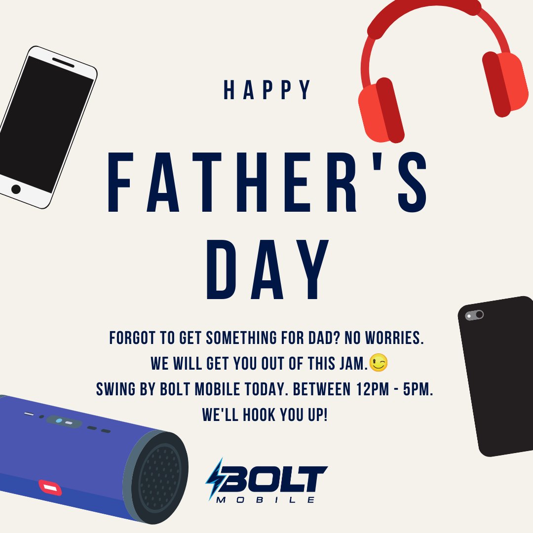 Bolt_Mobile's tweet photo. Happy Father's Day to all you amazing dads out there. Enjoy your day! ���

Last minute shopper? Forgot about the gift? We got you! We're open 12-5 today. 

https://t.co/4HOpBIrlpn

#happyfathersday #fathersday #lastminutegifts #giftguide #staffpick #saskatoon #yxe #boltmobile https://t.co/32xrIhBbWZ