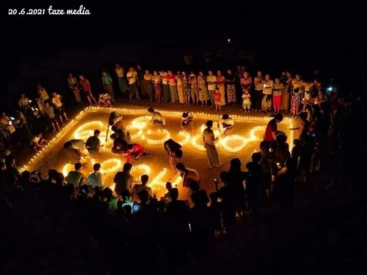 LeeDam_3's tweet photo. Anti-coup night strike by creating the text, "Spring Strike, CRPH" with Candlelight in #Taze Tsp. 
#June20Coup
#WhatsHappeningInMyanmar https://t.co/xiSWfuNqAn