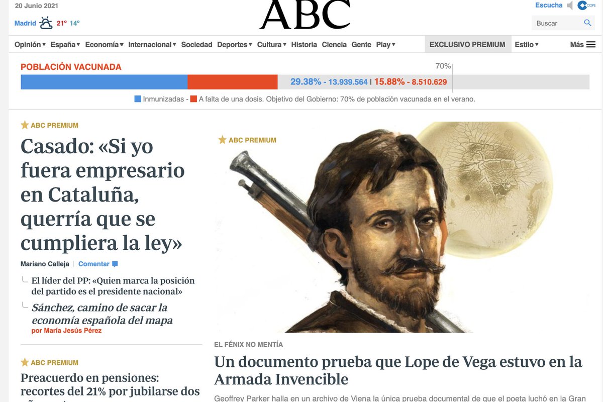 caleroje's tweet photo. Es maravilloso ver un reportaje sobre las aventuras juveniles de Lope de Vega en la Gran Armada de Felipe II abriendo la web de ABC. Para celebrarlo os cuento algunos detalles curiosos en un #hilo. Espero que os guste. 
¡¡Las ilustraciones de @DanielParraARTE son espectaculares!! https://t.co/pvoVZel4YT