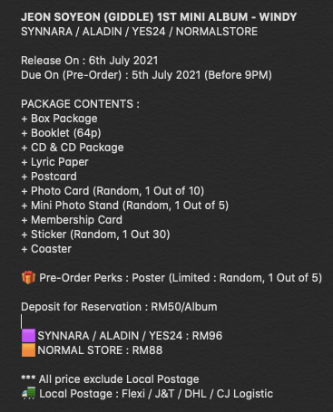 heavenalley1's tweet photo. JEON SOYEON (GIDDLE) 1ST MINI ALBUM - WINDY
Due On (Pre-Order) : 5th July 2021 (Before 9PM)  
Deposit for Reservation : RM50/Album 
✉️ DM to Order/Info 🧾 Pre-Order based
#GIDLE #JeonSoYeon_WINDY #pasarGidle https://t.co/kIaHvsasVa