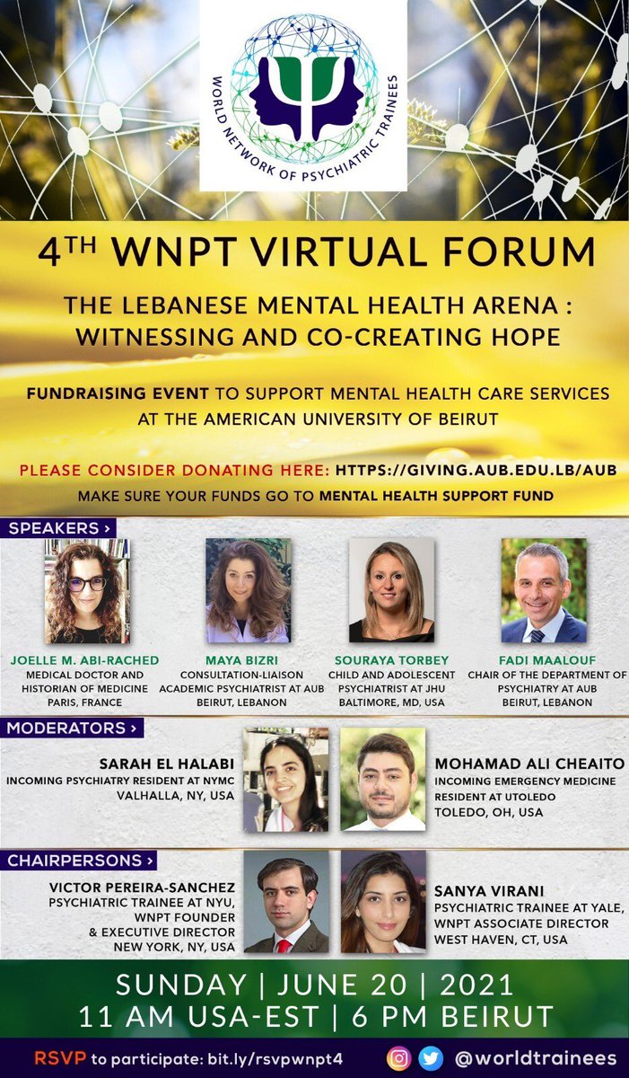 Excited about habibis’ day!
In 30 minutes we will hold the 4th Virtual Forum of the <a href="/WorldTrainees/">World Network of Psychiatric Trainees (WNPT)</a> and learn about #mentalhealth in Lebanon, supporting the work of <a href="/AubmcPsychiatry/">Psychiatry_AUBMC</a> for the most vulnerable. 
Join us at 11:00 am USA-EST!
nyulangone.zoom.us/j/94201507060