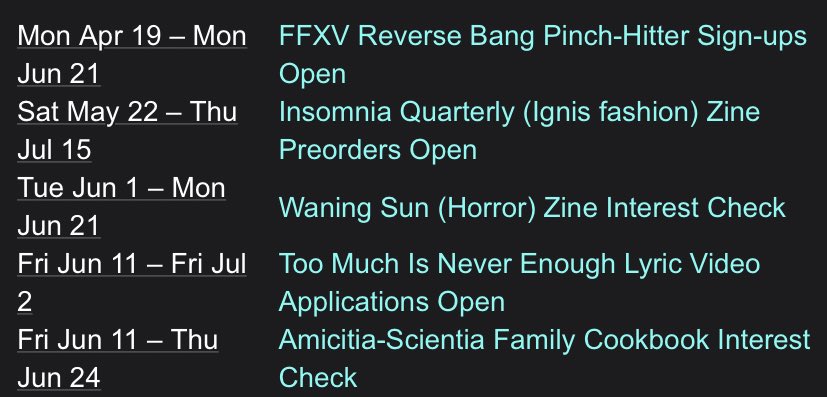 Happy Sunday! Today’s the last day of <a href="/PromnisO/">PromnisOfficial</a> and <a href="/ffxvworldtour/">FFXV World Tour :: See you soon! 💖</a> and the start of <a href="/FathersWeekFFXV/">FFXV Fatherly Love Week</a>!

<a href="/ffxvreversebang/">FFXV Reverse Bang</a> <a href="/IQLucis/">Insomnia Quarterly @ Inactive acc/t. DM @He6o</a> <a href="/xvhorrorzine/">Waning Sun | Archived</a> <a href="/ffxvlyric/">Too Much is Never Enough</a> <a href="/seaofolives/">liv/seaofolives 🫒 active on bluesky</a>