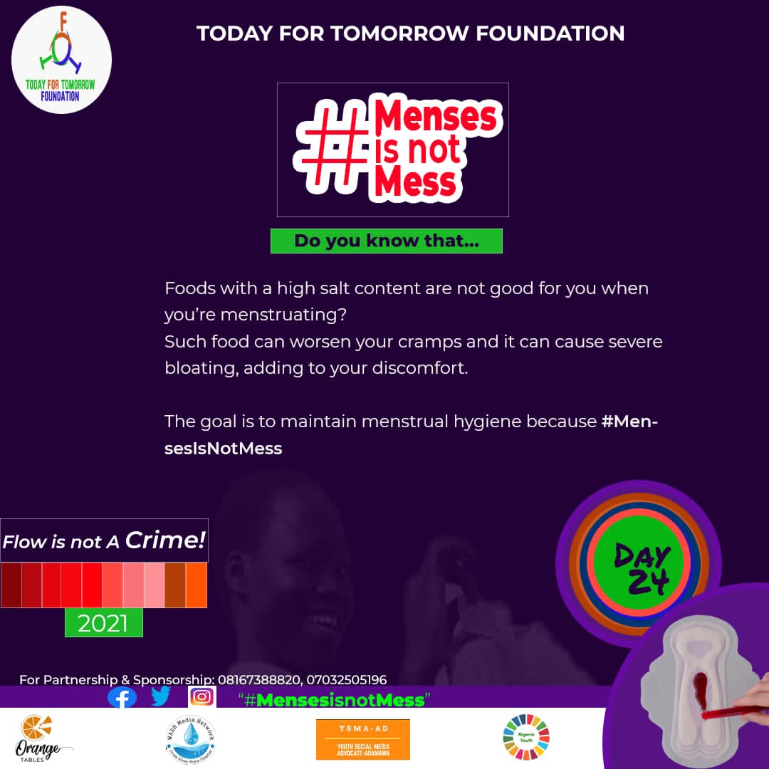 ReinNadoa's tweet photo. Still on menstrual hygiene management. Be watchful of what you consume during your period😘
#TodayforTomorrowFoundation
#MenstruationMatters
#MHM https://t.co/3HdFmUU3wy