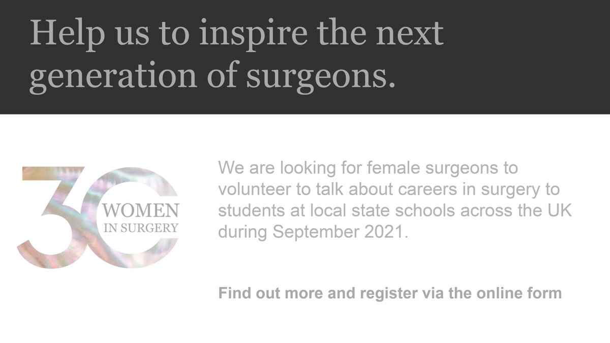Saniya Mediratta (@saniyamediratta) on Twitter photo In celebration of our 30th Anniversary, <a href="/RCSnews/">The Royal College of Surgeons of England</a> <a href="/WomenSurgeonsUK/">Women in Surgery</a> are launching our 30 Schools For 30 Years Initiative!
If you are a female surgical consultant/trainee, we need your help to join us & speak at a local state school!
🔗Register & read more: tinyurl.com/30SchoolsFor30… In celebration of our 30th Anniversary, <a href="/RCSnews/">The Royal College of Surgeons of England</a> <a href="/WomenSurgeonsUK/">Women in Surgery</a> are launching our 30 Schools For 30 Years Initiative!
If you are a female surgical consultant/trainee, we need your help to join us & speak at a local state school!
🔗Register & read more: tinyurl.com/30SchoolsFor30…