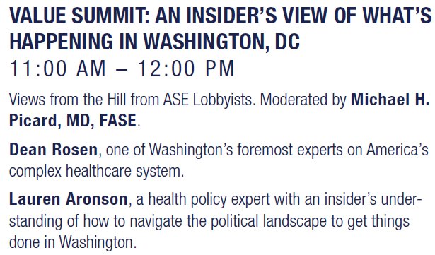 Next Up, Value Summit: An Insider’s View of What’s Happening in Washington, D.C. Moderated by <a href="/mikepicardmd/">Michael H Picard</a>, hear from ASE Lobbyists Dean Rosen and Lauren Aronson Follow ASE 2021 Program Chair and Twitter Champion <a href="/michaelleemain/">Mike Main</a> #ASE2021 #EchoAtHome #VirtualEcho #EchoFirst