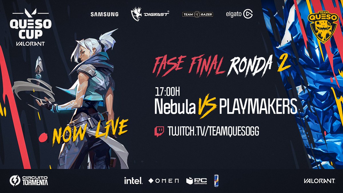En directo la final de la #QuesoCup de <a href="/VALORANTes/">VALORANT</a>: <a href="/NebulaVLR/">Nebula</a> vs <a href="/PlaymakersVal/">PLAYMAKERS</a> 

750€ para el ganador y 250€ para el subcampeón🤑

Casteado por <a href="/isaceni99/">Koala🎤</a> y <a href="/Mystix_TV/">Manu Narvaez</a> 

📺 twitch.tv/teamquesogg