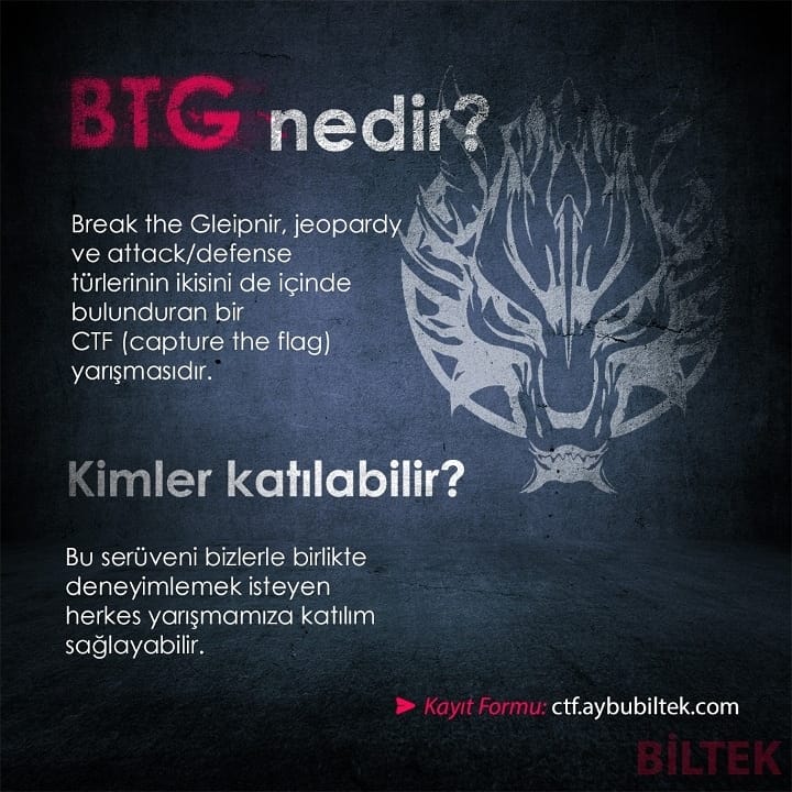 aybubiltek's tweet photo. Break The Gleipnir için kayıtlar başladı !

BiltekCyber tarafından düzenlenen ödüllü siber güvenlik  yarışması "Break The Gleipnir" için nefesler tutuldu.

Katılım herkese açıktır.

 Kayıt formu ve detaylar için: https://t.co/w4dL0ZTPqi

#BiltekCyber #BTG #ctf #CyberSecurity https://t.co/4ovjY9bdd2