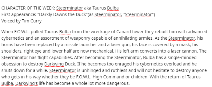 stcanardfiles's tweet photo. CHARACTER OF THE WEEK: Steerminator aka Taurus Bulba First appearance: "Darkly Dawns the Duck"(as Steerminator, "Steerminator") Voiced by Tim Curry
#darkwingduck #ABCseason2 #taurusbulba #steerminator #THISISNOGAME https://t.co/SKq9hGZglG