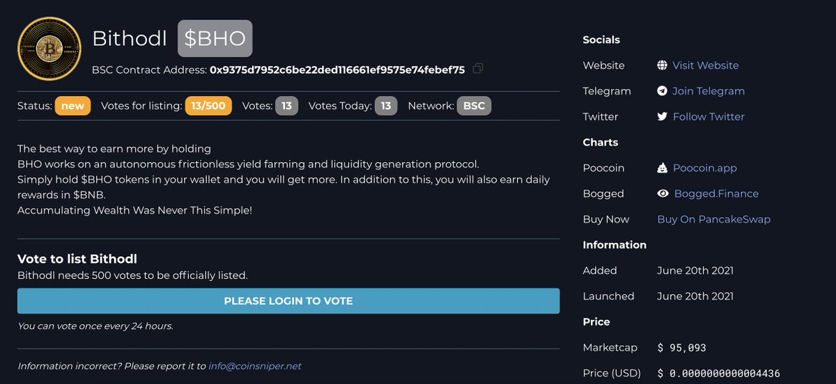 🔥Vote Bithodl
🔹Login Coinsniper and vote for Bithodl.
🔹Bithodl needs 500 vote

🌐 coinsniper.net/coin/4301
🔥Liquidity Pool: 200 BNB

🥞 Buy on V2 Pancakeswap : exchange.pancakeswap.finance/#/swap?outputC…

🔥 LP Locked : dxsale.app/app/pages/dxlo…