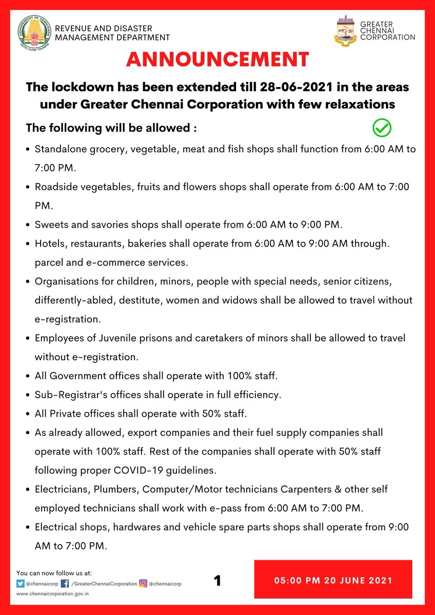 chennaicorp's tweet photo. The lockdown has been extended  from 21.06.2021 to 28.06.2021 in areas under Greater Chennai Corporation with few relaxations.

#ChennaiCorporation #GCC #Covid19Chennai https://t.co/Nz6O4X7tQe