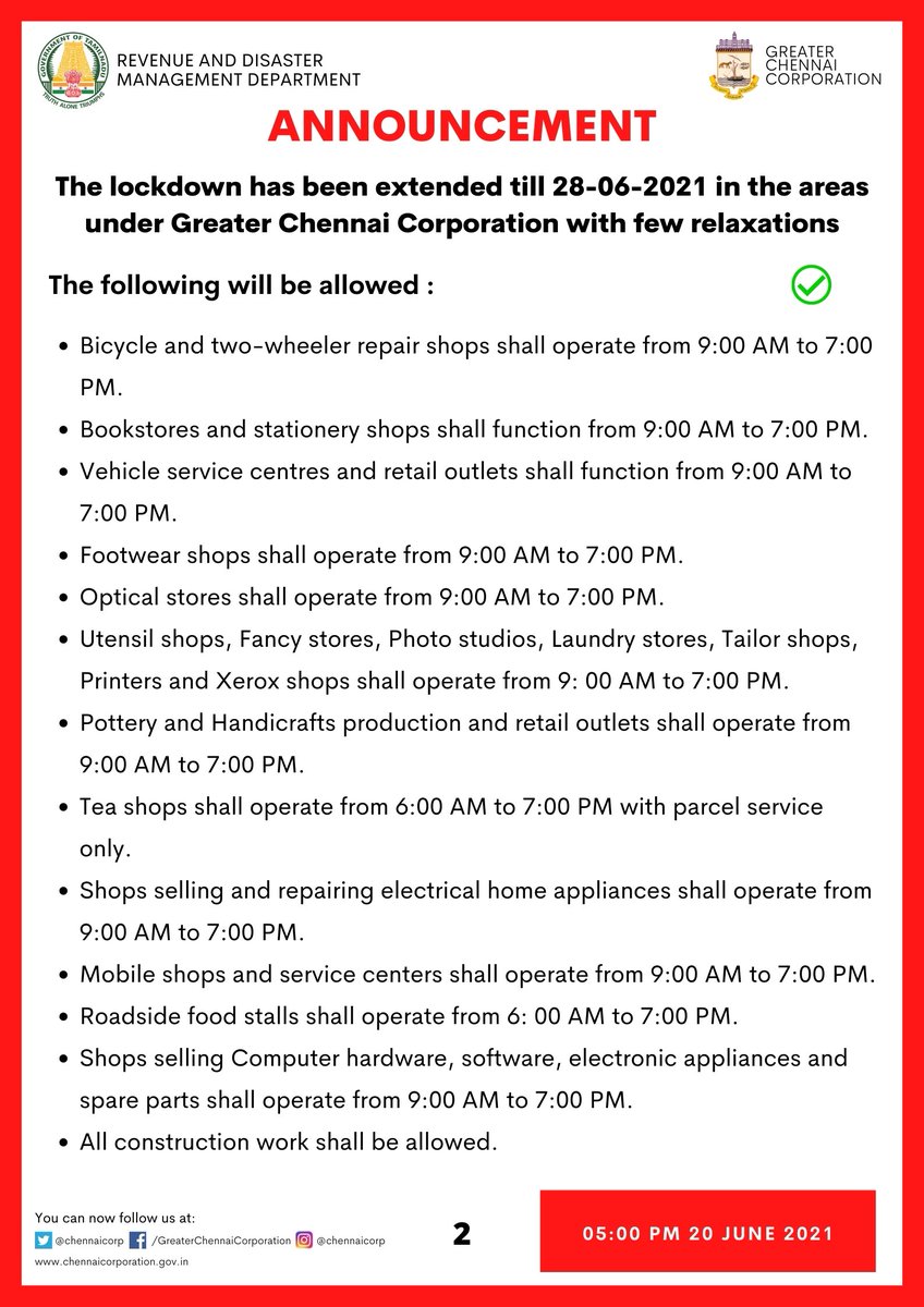 chennaicorp's tweet photo. The lockdown has been extended  from 21.06.2021 to 28.06.2021 in areas under Greater Chennai Corporation with few relaxations.

#ChennaiCorporation #GCC #Covid19Chennai https://t.co/Nz6O4X7tQe