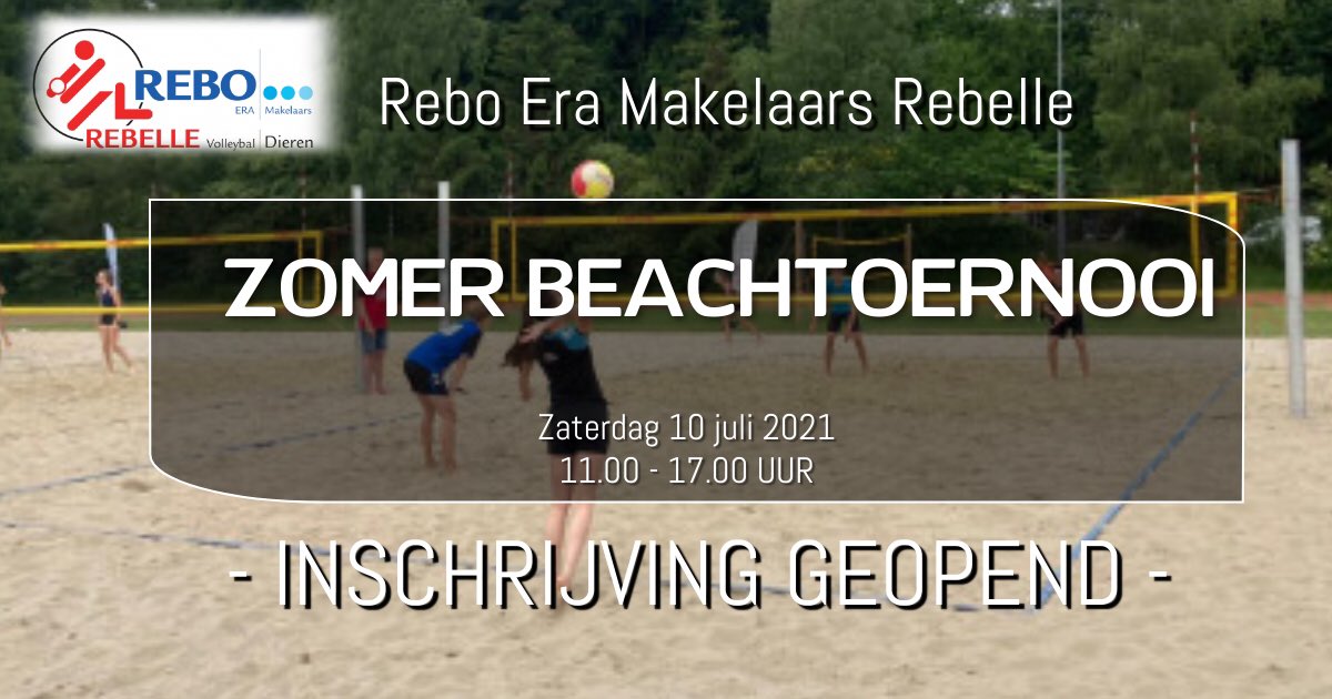 REBORebellebeac's tweet photo. De (gratis) inschrijving voor onze leden van ons Rebo Era Makelaars Rebelle Zomer Beachtoernooi is geopend. Meld je snel aan (uiterlijk voor 8 juli), individueel  of als team met een originele teamnaam. Dit kan via de bekende Beachvolley(jeugd) 2021 WhatsAppgroep of https://t.co/15EqrxWEG3
