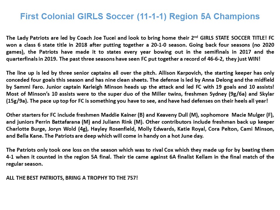 FC LADY PATRIOTS, Let's GO! 
<a href="/fcladypatriots/">First Colonial Girls Soccer</a> 
<a href="/DSFAthletics/">DSFAthletics</a>
<a href="/SoccerSceneRva/">SoccerSceneRVA</a>