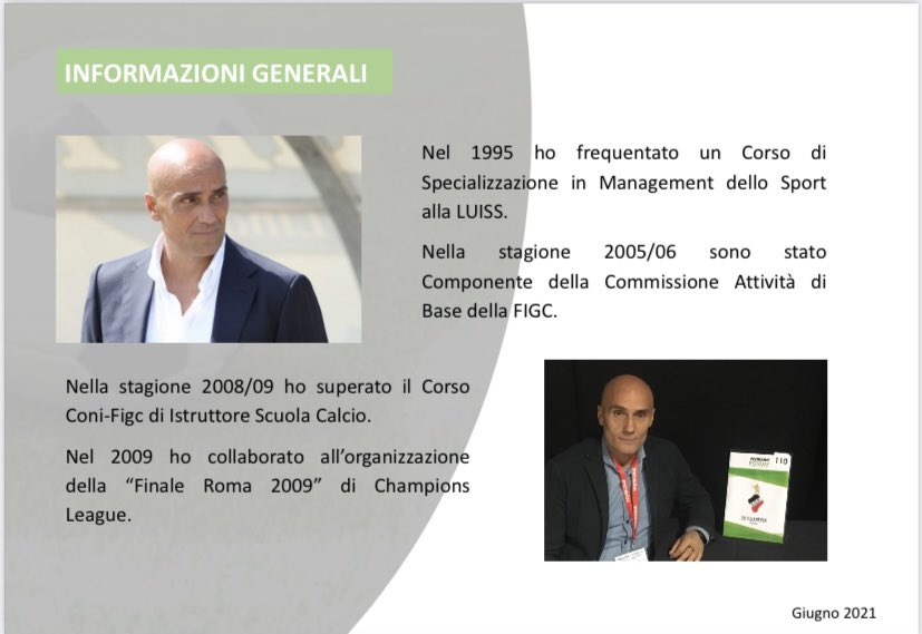 Sono disponibile per colloqui di valutazione del mio profilo e propedeutici ad una eventuale occupazione in posizioni di mia competenza in ambito calcio. Skill meglio illustrate nel documento allegato. 
#AvantiSempre