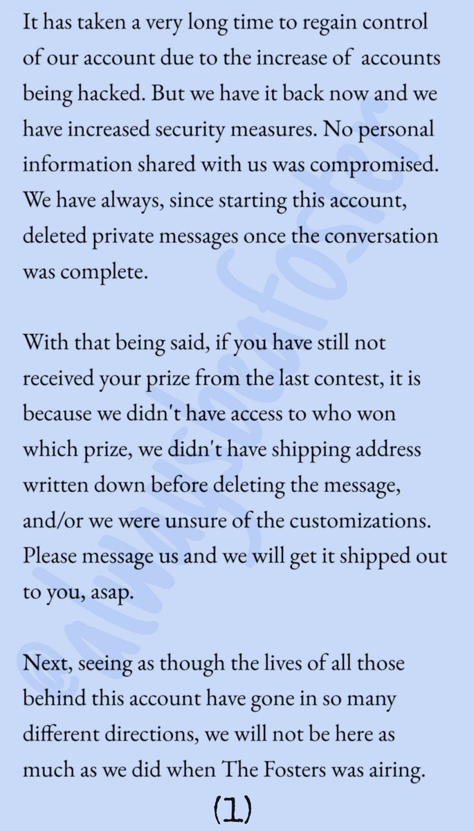 AlwaysBeAFoster's tweet image. Dear #FFFamily,

We're back...sort of...

First, we would like to apologize for the lack of communication &amp;amp; missed events; unfortunately our account was hacked.(Guess someone knew our snake's name was "snakey" 😉😁😛)

Please read pics below.

🏡

#TheFosters @TheFostersTV