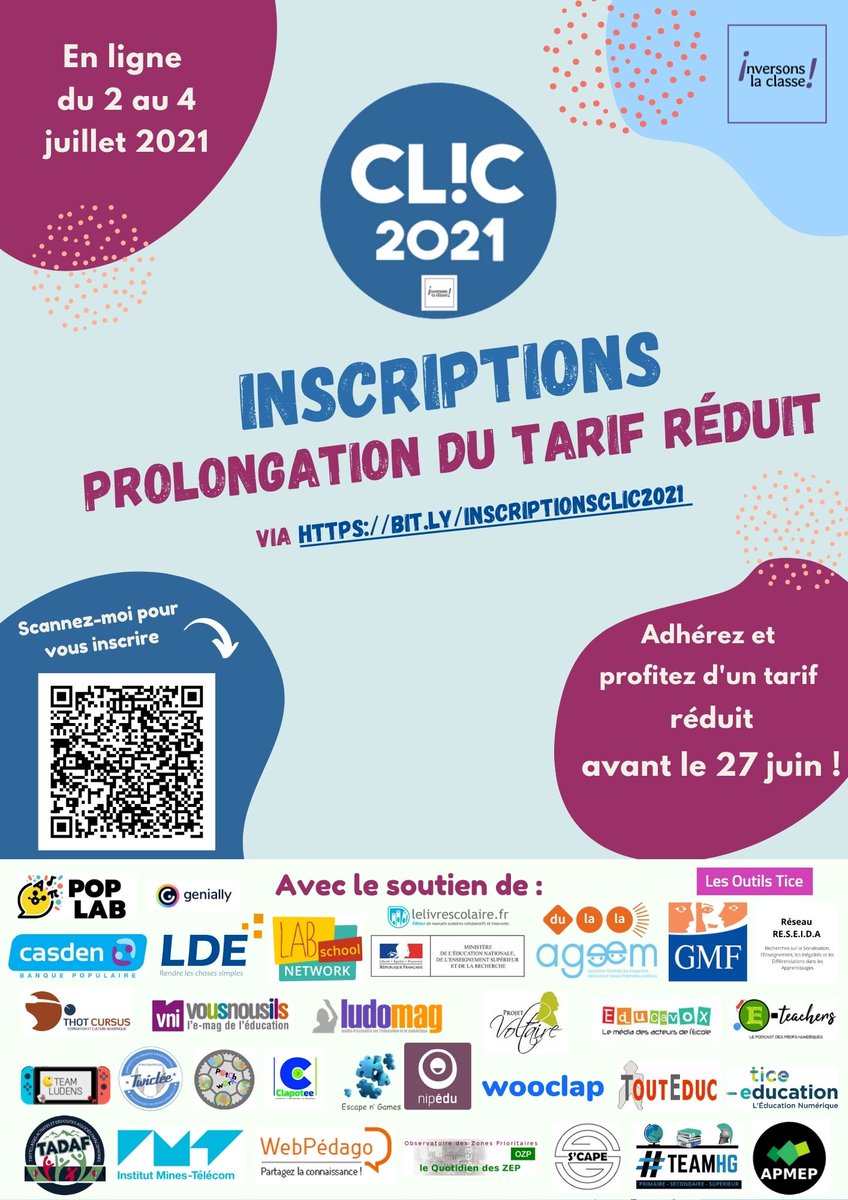Classe_Inversee's tweet photo. #CLIC2021 #INSCRIPTION #FOLIE
Au CLIC aussi on joue les prolongations ! 😉
🎇 JUSQU’AU 27 JUIN PROFITEZ DU TARIF RÉDUIT ! 🎇
Ne rêvez plus du CLIC, VIVEZ-LE 😉 https://t.co/BWXMee5CUz
TOUS les ateliers 👉 https://t.co/BiFM7fqC7t 
Téléchargez notre appli 📲 https://t.co/7718a4tdMv https://t.co/p2Cu4b95a6
