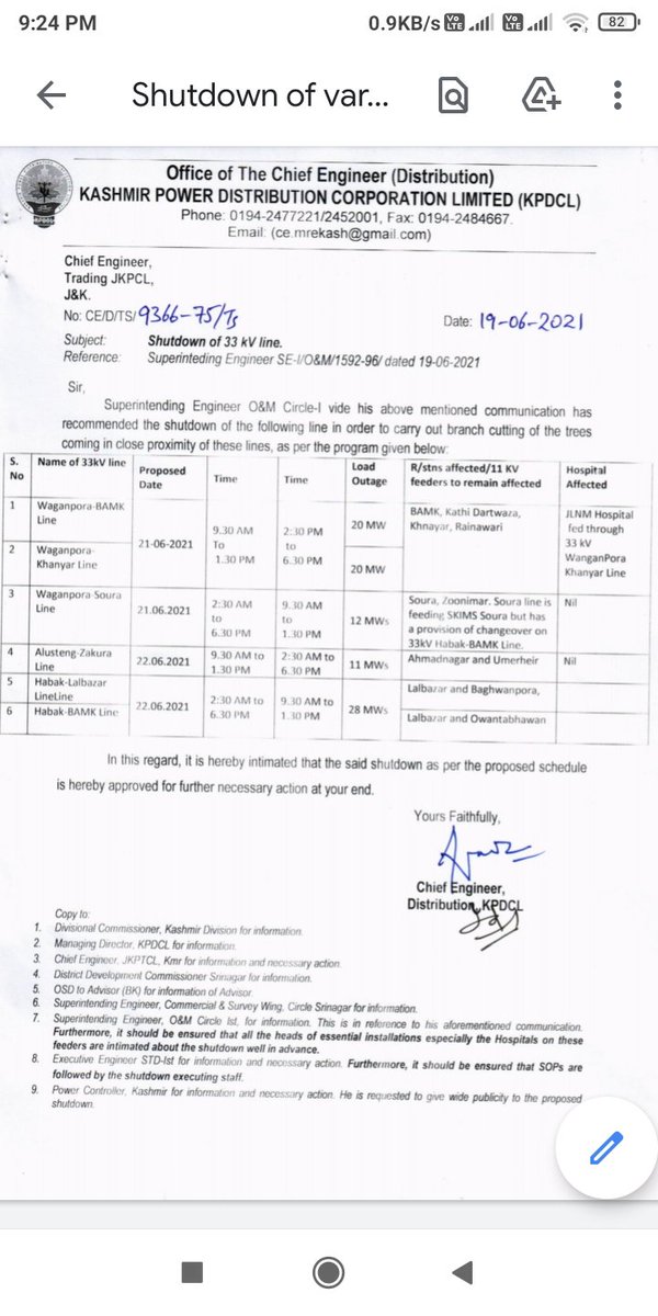 std_ist's tweet photo. There will be shutdown of 33kV lines in order to carryout branch cutting of trees coming in close proximity with these lines.
9:30AM to 1:30PM....BAMK,AlamgariBazar, Hawal,Khanyar ,Rainawari areas affected.

2:30PM to 06:30PM ....Soura,Buchpora Zoonimar areas will be affected. https://t.co/rtdZ4oKDt8