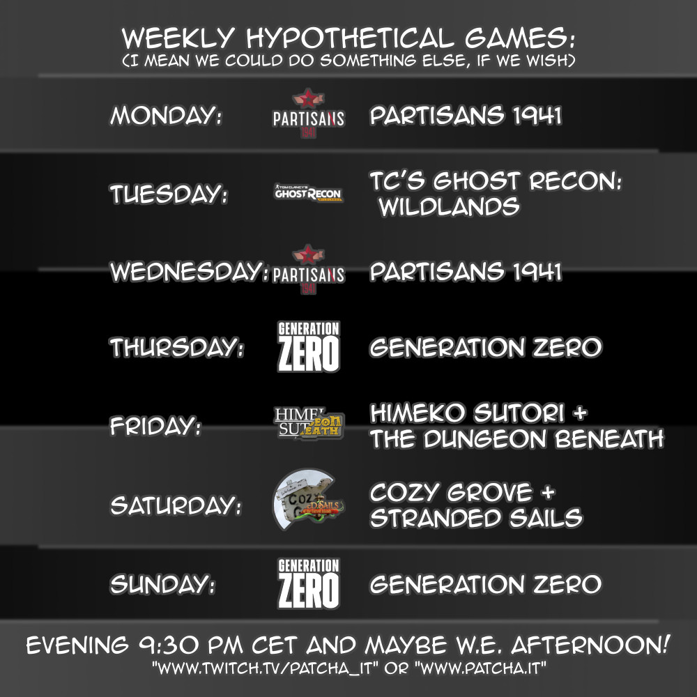 Patcha_ita's tweet photo. Schedule 2021/06/21
https://t.co/uSsJEFlaj1
21:30 - 00:30 CET.

#twitch #twitchitalia #patcha #patcha_it #schedule #week #games #live #evening #cet #Partisans1941 #TomClancy #GhostRecon #Wildlands #GenerationZero #CozyGrove #StrandedSails #TheDungeonBeneath #HimekoSutori https://t.co/yul4WiIGJF