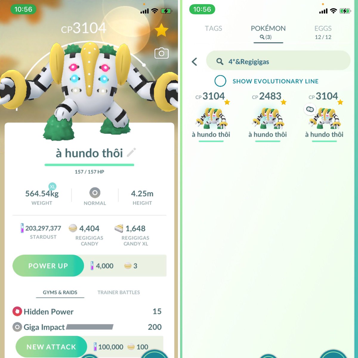ProfOak_'s tweet image. [#Regigigas] Got my 3rd hundo Regigigas and this one has Fighting Hidden Power, the most desired one :|
@ItsFleeceKing  @PokemonGoApp @Pokemon