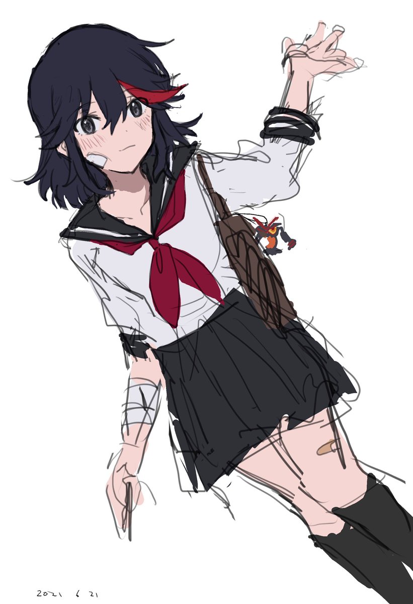 matoi ryuuko 1girl school uniform skirt red neckerchief streaked hair solo white background  illustration images