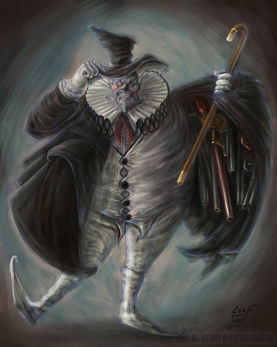 ForeverZeroDrac's tweet photo. My version of Pierrot Le Fou (Mad Pierrot) for Cowboy Bebop theme of the Character Design Challenge for May.

I worked on some kind of a Victorian Age version with old weapons and tried to ressemble an old painting style.

#CowboyBebop #MadPierrot  #ForeverZeroDragon #SebF https://t.co/7pzhoZXLWp