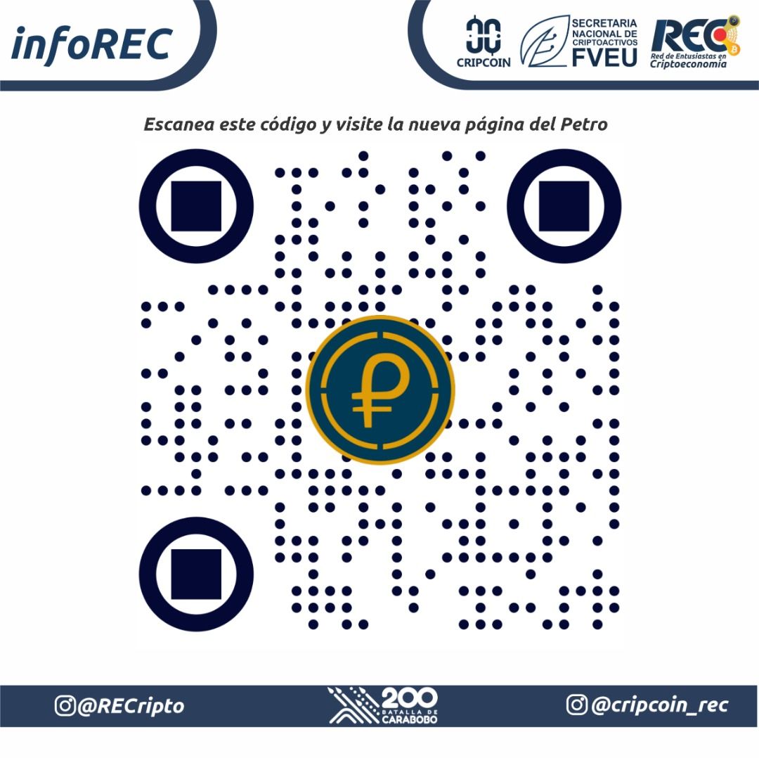 RECripto's tweet photo. #infoREC 

Escanea este código y visite la nueva página del #Petro 

#Venezuela un país para triunfar 🇻🇪

#yosoycriptoentusiasta #ptr #SUNACRIP #REC #cripcoin #criptofveu #criptoeconomía #EconomíaDigital
#AprenderYUsar

@JoselitRamirez
@NicolasMaduro https://t.co/vBv9PmdLfX