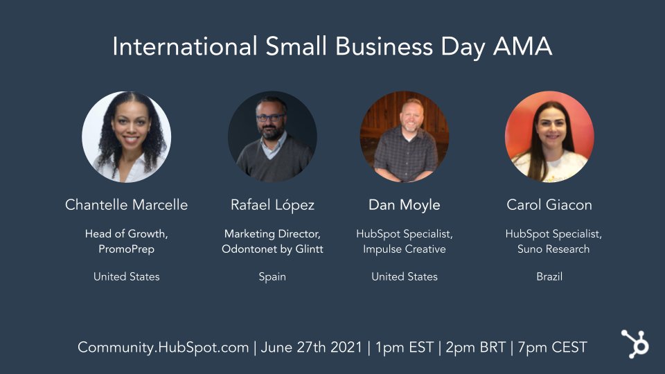 rlopver's tweet image. Estaremos respondiendo preguntas con motivo del #InternationalSmallBusinessDay, sobre las duras circunstancias que las pymes de todo el mundo están viviendo en el último año. ¿Nos acompañas en la #hubspotcommunity? #hubspot #marketing community.hubspot.com/t5/Ask-Me-Anyt…