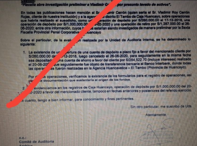 vladimir_cerron's tweet photo. LA MENTIRA DEL DIARIO LA REPÚBLICA:  Auditoría Interna de la Caja Huancayo: "No evidenciamos en el registro de Caja Huancayo, operación de depósito por 1,000,000.00 del 20-02-2020 a favor del mencionado cliente, tampoco en fechas anteriores y posteriores del referido ejercicio". https://t.co/Pm4jr4MjRP