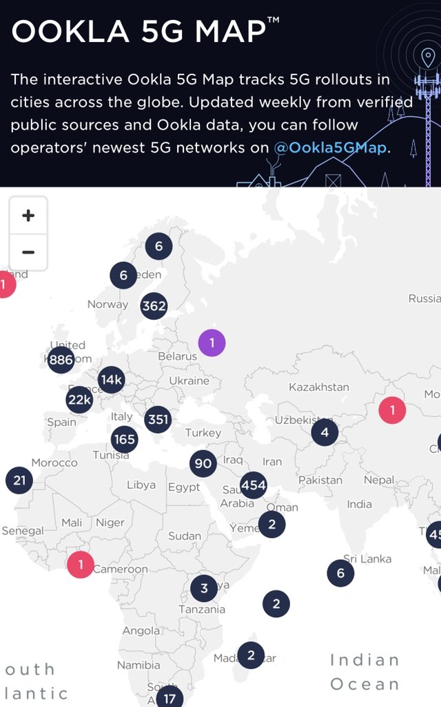 Dünya 5G haritası 🧐

Kısa linki burada 👉🏻 bit.ly/2TQbiwe

Üşenmeyip girin ve büyütüp bakın. Şaşkınım! 

Aramızda telekom sektörü yetkilisi varsa bu durum gerçek mi bilgi verebilir mi? 

#5G #telecom #internet